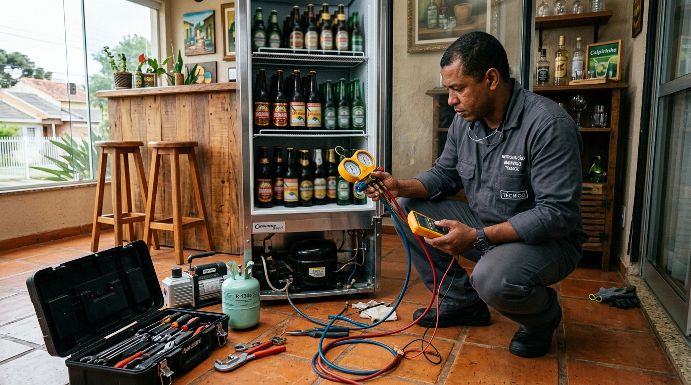 Profissional executando reparo no motor de cervejeira em Aracaju‑SE