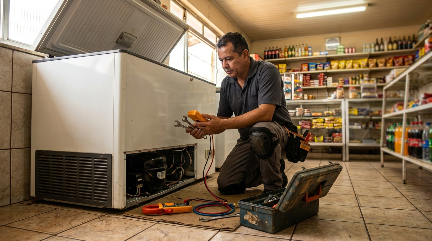 Profissional executando manutenção no motor de freezer na Soledade, Aracaju‑SE