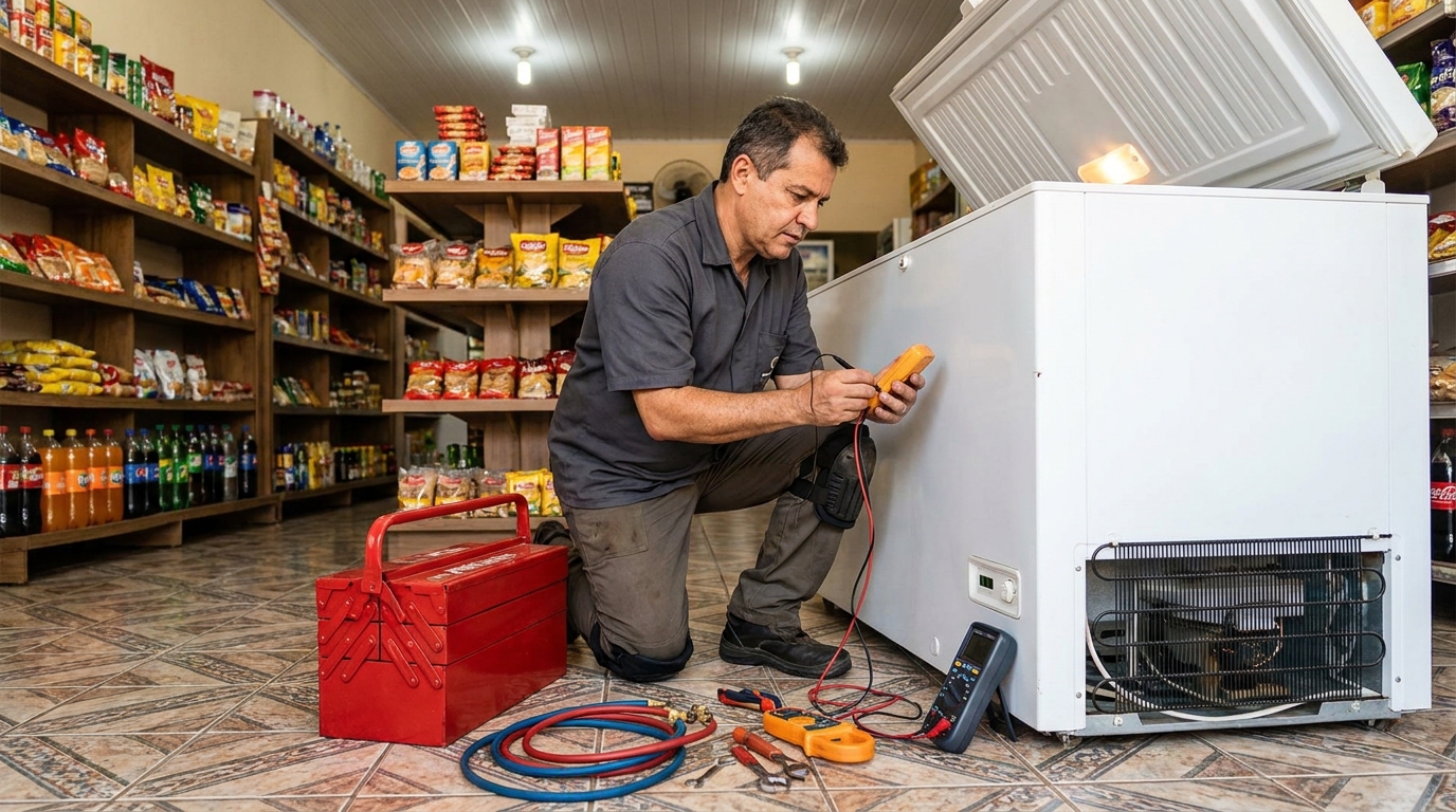 Recarga de gás refrigerante no freezer durante atendimento na Soledade, Aracaju‑SE