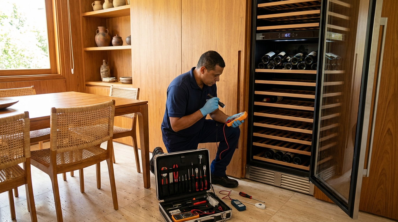 Substituição de termostato em adega climatizada em visita técnica no Bugio, Aracaju‑SE
